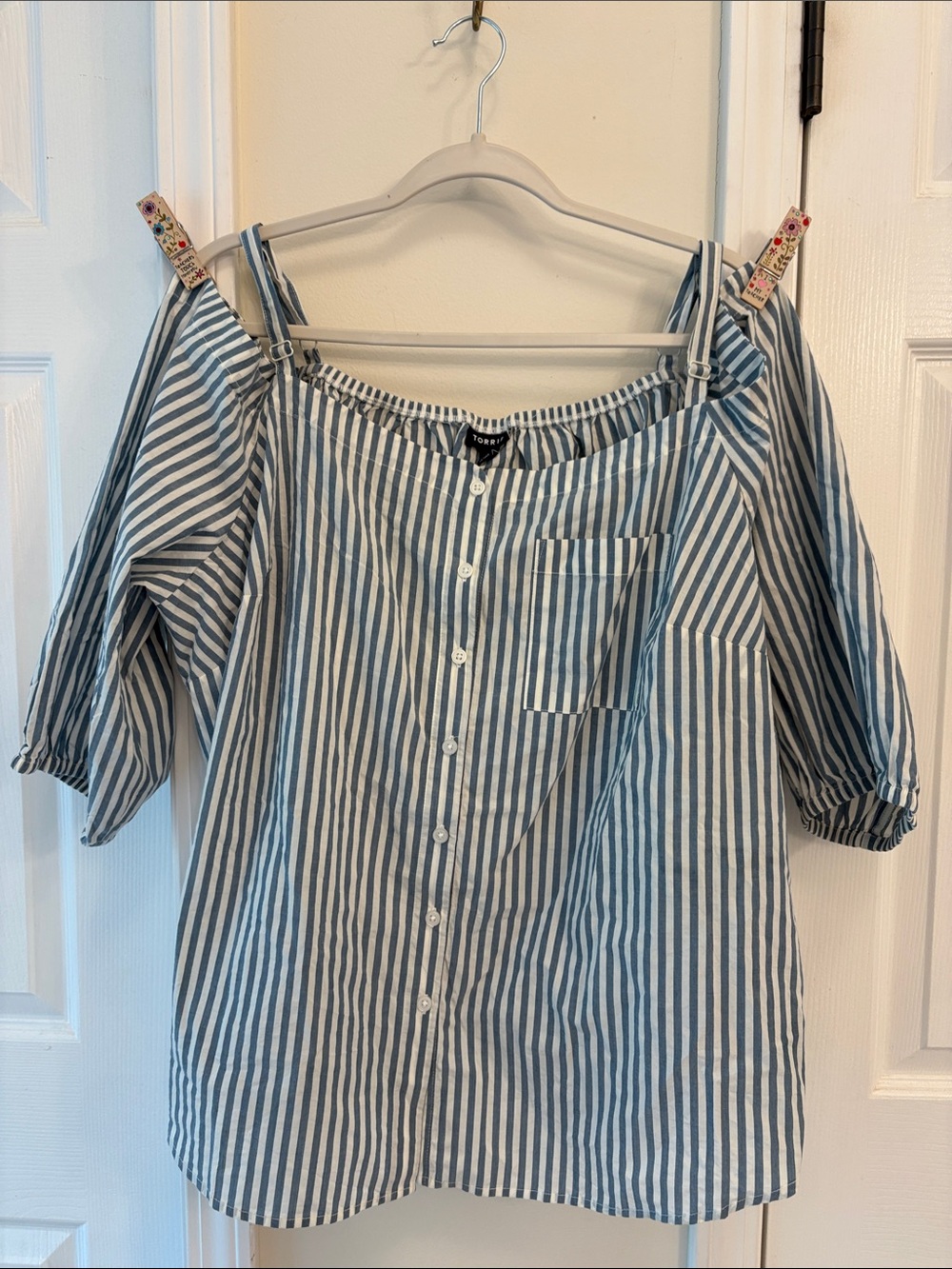 torrid Blue and White Striped Off-Shoulder Button-Down Top